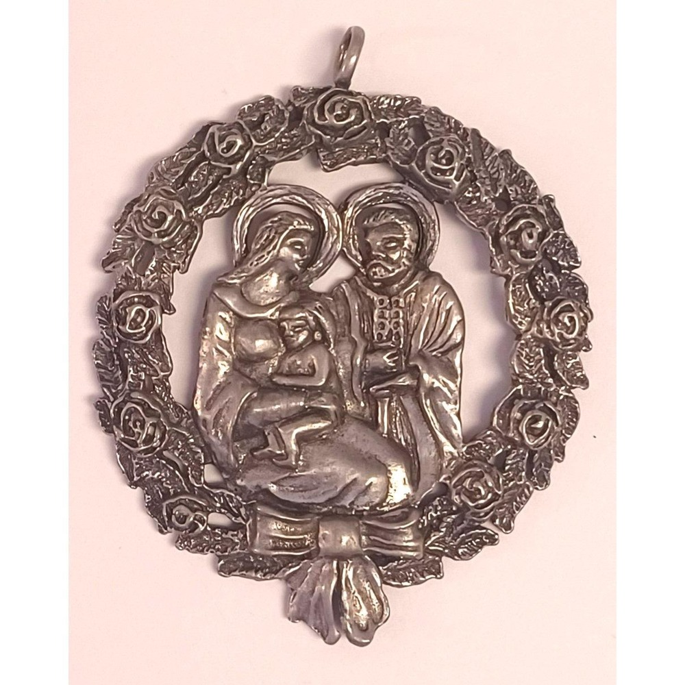Vintage Pewter Holy Family Ornament Pendant Openwork Rose Wreath Christmas Medal